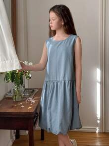 DAZY Tween Girls Sleeveless Round Neck Denim Ruffle Dress - Blue - View 4
