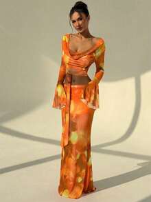 Aloruh Women's Minimalist Printed Long Sleeve Top And Skirt 2 Pieces Set - Orange - View 4