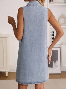 Flexra 女式休闲前扣无袖牛仔连衣裙，夏季 - 藍色 - 查看 2