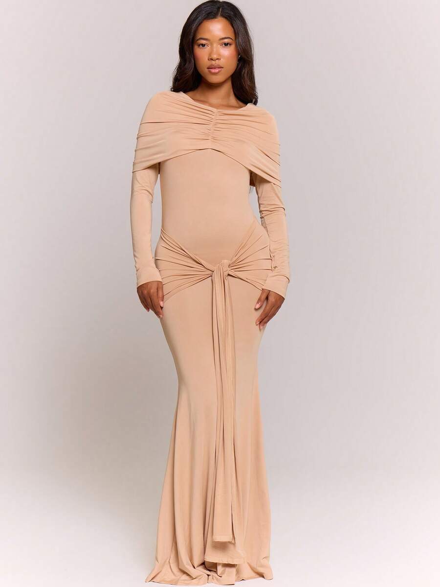 MUSERA Đầm maxi dài tay ôm sát, kiểu dáng trễ vai, xếp ly, thanh lịch, thích hợp cho kỳ nghỉ, đám cưới, tiệc tùng, sinh nhật, mùa xuân hè. - Màu be - Xem 1