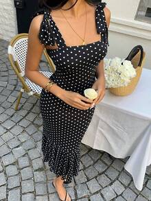 Sunnyshic Women's Black & White Polka Dot Mermaid Hem Tie Bow Maxi Dress, Vacation - Black and White - View 3