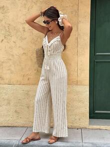 Serisse 女士条纹印花打结流苏装饰休闲连体裤 - 杏色 - 查看 3