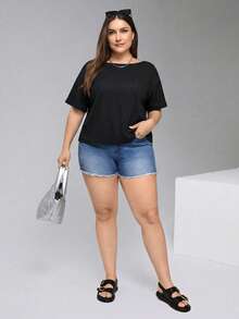 SHEIN Essnce 大码女装春夏时尚休闲宽松舒适日常百搭显瘦黑色短袖露背上衣，适合外出、夏季穿着，欧洲夏季 - 黑色 - 查看 5