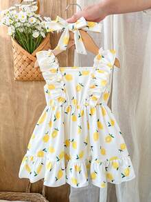 SHEIN Vintaside Kids 2件套新生女宝宝粉色卡通草莓格子连衣裙，配可爱蝴蝶结发带，0-3个月，柔软、弹力、舒适，荷叶边装饰，适合外出、度假、拍照，春夏新品 - 黃色 - 查看 1