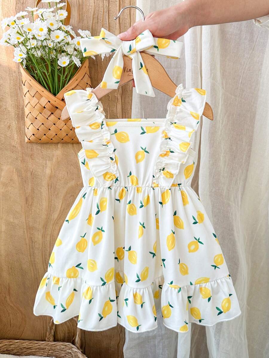SHEIN Vintaside Kids 2件套新生女宝宝粉色卡通草莓格子连衣裙,配可爱蝴蝶结发带,0-3个月,柔软、弹力、舒适,荷叶边装饰,适合外出、度假、拍照,春夏新品 - 黃色 - 查看 1