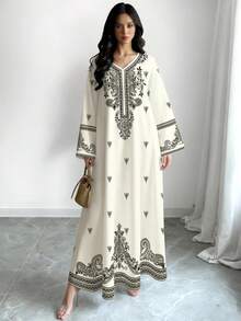 SHEIN Najma 腰果花藤印花加大码女式长裙，春夏时尚V领长袖连衣裙，优雅阿拉伯服饰 - 彩色 - 查看 1