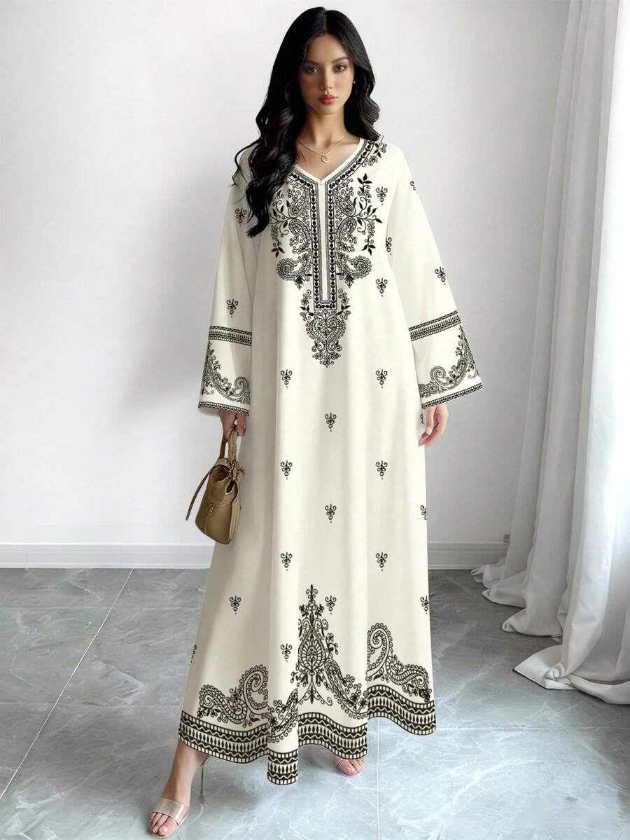 SHEIN Najma 腰果花藤印花加大码女式长裙,春夏时尚V领长袖连衣裙,优雅阿拉伯服饰 - 彩色 - 查看 1