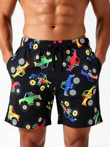 Manfinity Swimmode 男士夏季度假越野车印花抽绳腰宽松沙滩短裤 - 黑色 - 查看 6