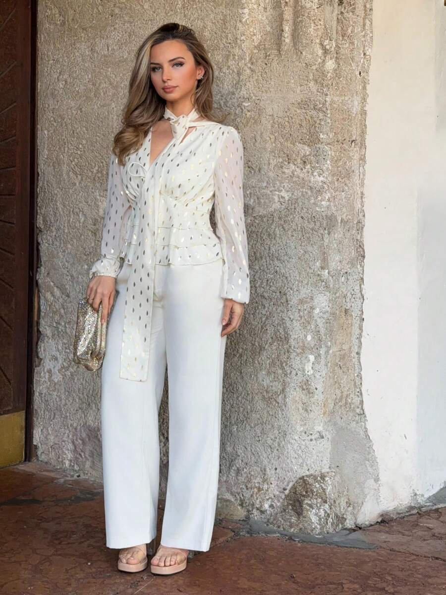 Jeta Ari Blusa casual de estilo francés con patrón de hojas metálicas, volantes desmontables y dobladillo con volantes, para otoño/invierno - Albaricoque - Ver 1