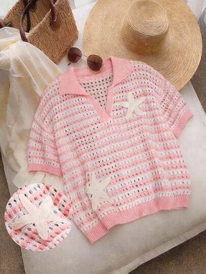 CosyJoli Plus Size Elegant French Style Casual Romantic Hollow Out Knitted Crew Neck Starfish Pullover Top For Women