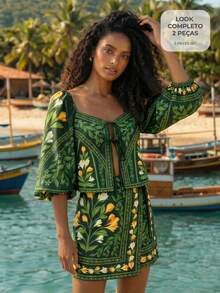 CAJUNI Women's Floral Print Tie Front Long Sleeve Top And Mini Skirt Casual Outfit - Green - View 7