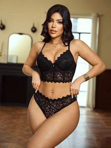 2pcs Lace Contrast Mesh Underwire Bra Set For Women - Black - View 5