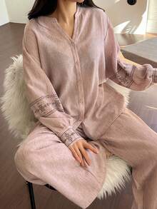 DAZY 2件套女士宽松开衫长袖和直筒长裤睡衣套装，春季 - 淺粉色 - 查看 1