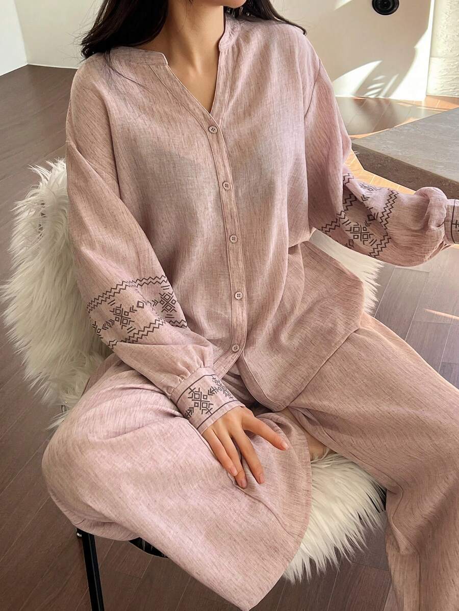 DAZY 2件套女士宽松开衫长袖和直筒长裤睡衣套装，春季 - 淺粉色 - 查看 1