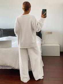 DAZY Conjunto de pijama folgado de malha de lã com estampa de sorvete, 2 peças, para mulheres. - Branco - Ver 2
