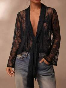 EMERY ROSE Plus Size Women Lace Collar Vacation Sheer Design Blouse - Black - View 3