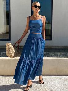 Livesso Casual Denim Camisole Top And Maxi Skirt Set For Women - Medium Wash - View 4