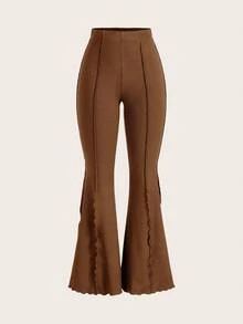 SHEIN Tall CURVE Quần ống loe co giãn viền bèo tây dành cho nữ cỡ lớn. - Cà phê nâu - Xem 5