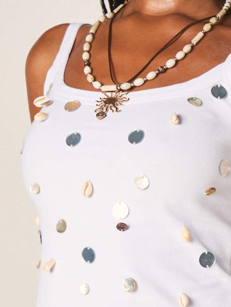 MISSGUIDED Sequin Embellished Tank Top With Metallic Circle Details For Summer Casual Layering And Festival Occasions