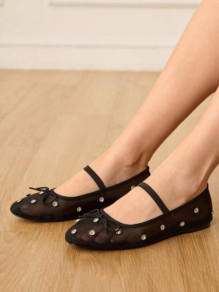 CUCCOO HITCHD French Ballet Shoes, Women's Shoes, New Spring/Summer Rhinestone Black Mesh Breathable Bow Tie Mary Jane Flat Shoes, Wedding Season Wedding Shoes Spring Shoes Bride Shoes