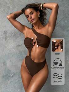 Aloruh Đồ bơi một mảnh hở lưng gợi cảm màu nâu sẫm thanh lịch không đối xứng có đính hạt trang trí cho nữ, hoàn hảo cho kỳ nghỉ hè, đồ bơi cho nữ, đồ bơi đi biển, đồ bơi một mảnh cho nữ, đồ bơi một mảnh, đồ tắm một mảnh - màu nâu - Xem 7