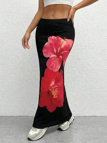 SHEIN EZwear Chân váy dài dệt kim in hoa dành cho nữ, thích hợp cho kỳ nghỉ và mùa hè. - Nhiều màu - Xem 5