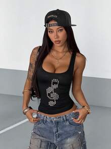 StreetHx Women's Street Subculture Punk Rhinestone Embellished Fitted Tank Top - Black - View 1