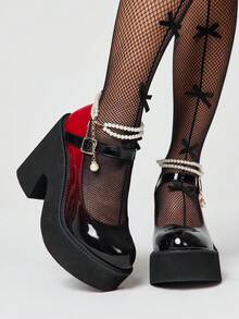 ROMWE Goth Women's Shoes Fashion Thick-Soled Wedge Shoes - Casual Punk Style Round Toe Gradual Change Burgundy Pearl Naked Belt Buckle Shoes - Comfortable And Simple Women's Slip-On Party Women's Shoes - Red - View 1