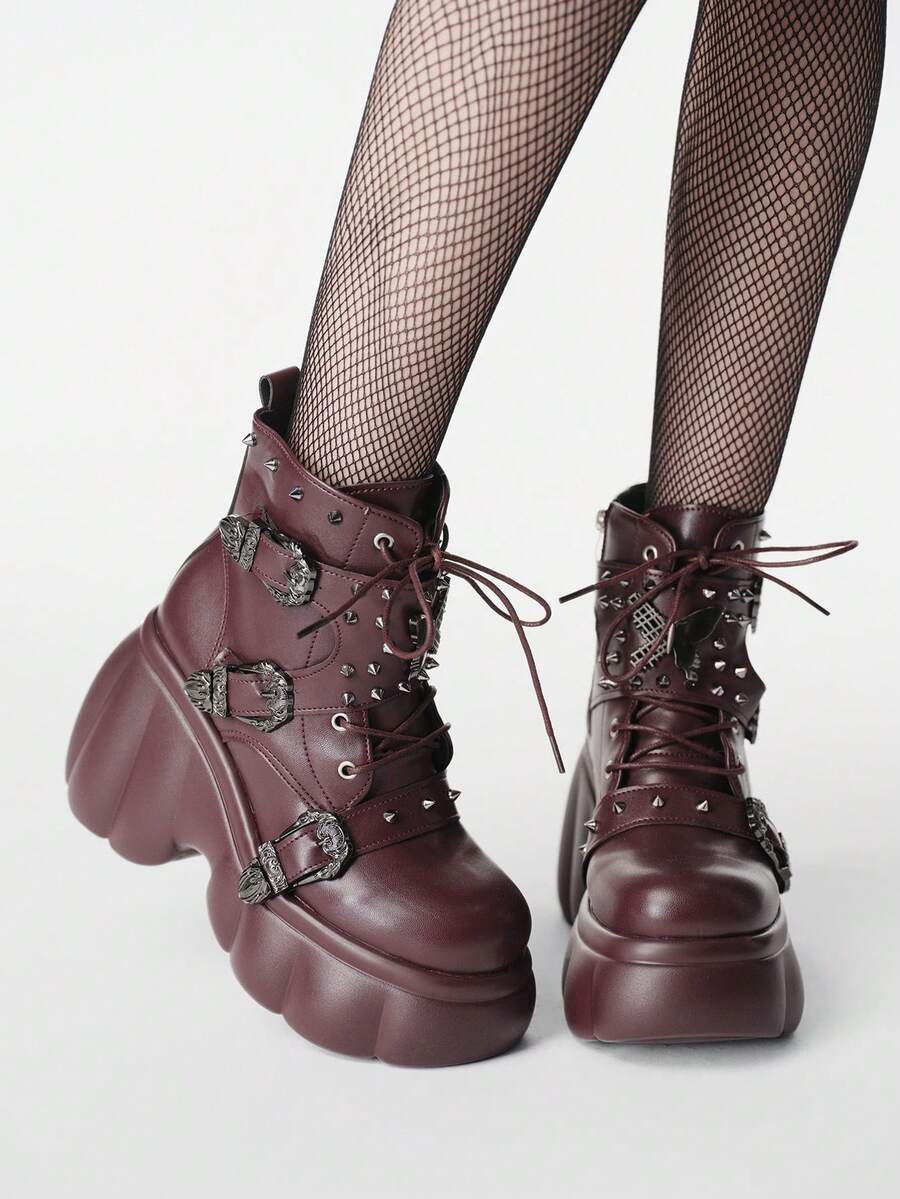 ROMWE Grunge Punk Women Heeled Sandals~ 2026 New Fashion Autumn And Winter Punk Style Burgundy PU Round Toe Rivet Buckle Front Lace-Up Inner Heightening Versatile Riding Boots Women's Ankle Boots Small Heightening Muffin Thick-Soled Medium Boots Women - Burgundy - View 1