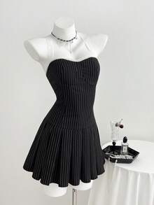 Elamini Đầm ngắn kiểu Y2K kẻ sọc phối màu tương phản, viền ren dành cho nữ - Đen và trắng - Xem 3