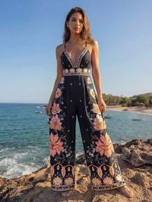 CAJUNI Women Printed Arab-Style Wide-Leg Jumpsuit - Black - View 3