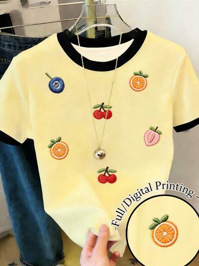Spring And Summer Casual Fashionable Creative Refreshing Minimalist Yellow Base Embroidered Fruit Peach, Cherry, Orange, Blueberry Graphic Print Comfortable Basic Short T-Shirt, Cozy Summer And Fall Styles Suitable For Spring, Summer, Autumn Wear