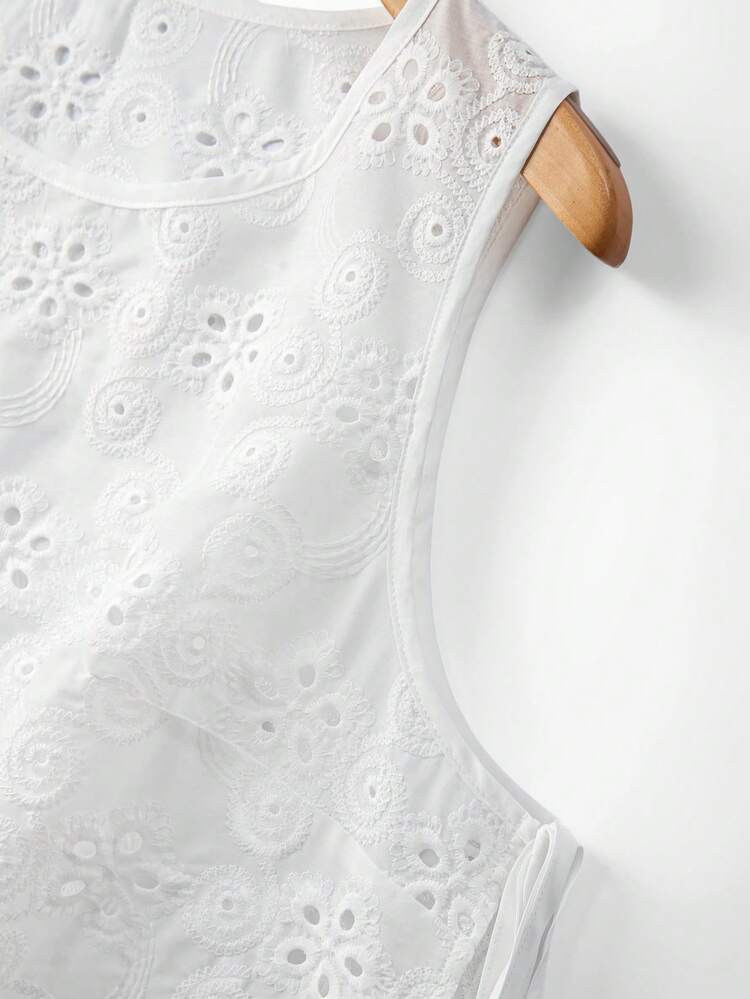 Conjunto de 2 piezas de chaleco y pantalones de talla grande con bordado calado, adecuado para el uso diario - Blanco - Añade 4