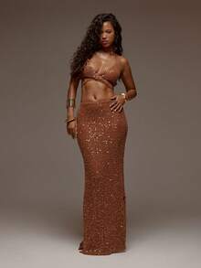 MUSERA Ensemble coordonné Top brassière à col halter avec nœud devant et jupe maxi ajustée texturée avec sequins marron. Tenue élégante pour le printemps, l'été, les vacances, la plage, les festivals à Ibiza et les fêtes - Jaune citron - Voir 5