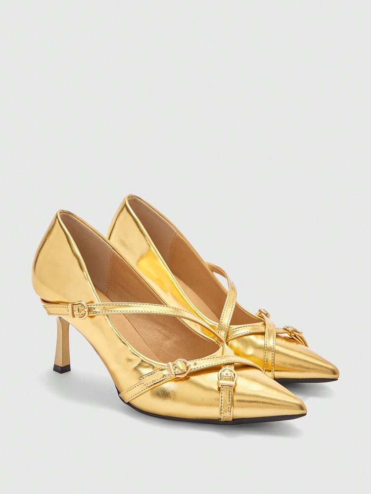 CUCCOO BIZCHIC Women Shoes Women's Pointed Slender Heel Gold Multi-Strap Women's High Heel Shoes Daily Versatile Fashion Commuter Party Banquet Women's Shoes Spring Shoes