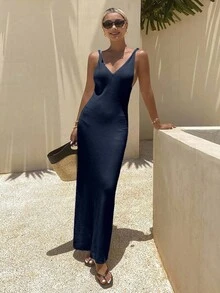 Livesso 女士夏季V领吊带收腰针织连衣裙 - 藏蓝色 - 查看 4