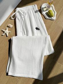 SHEIN EZwear 夏季纯色褶皱纹理面料宽松抽绳腰带休闲度假阔腿裤，大码 - 白色 - 查看 6