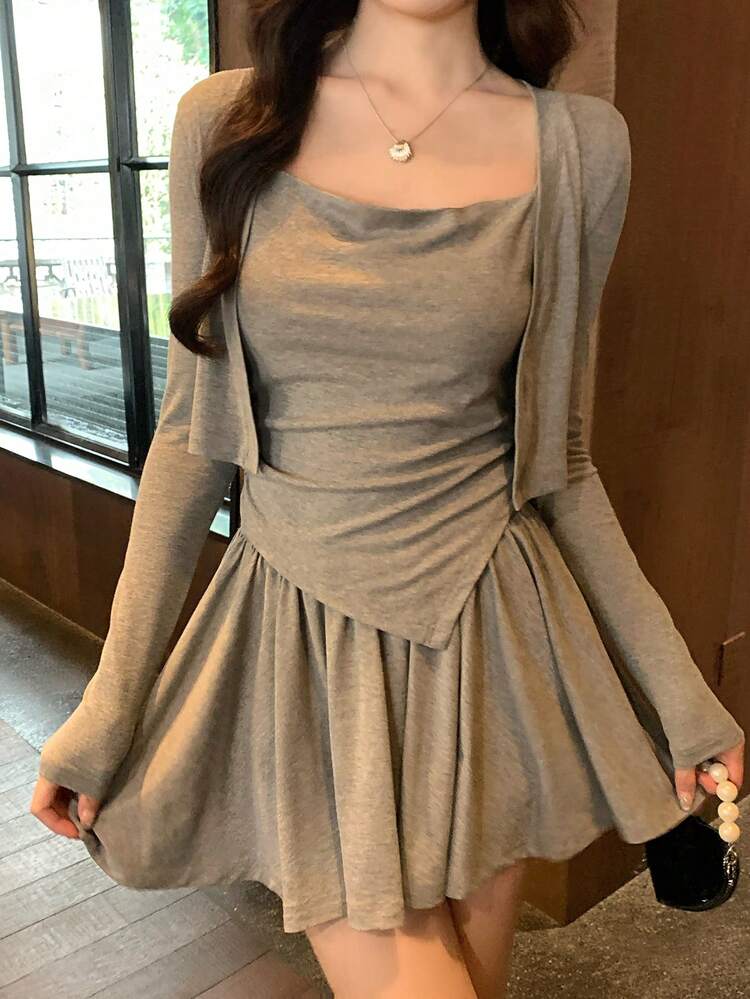 Women's Casual Solid Color Long Sleeve Top And Spaghetti Strap Mini Skirt 2-Piece Set, Spring/Summer Lounge Sets For Women
