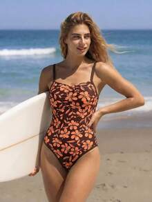 Swim SPRTY Women's Hibiscus Printed One-Piece Swimsuit,Brown Summer Boho Vacation Holiday Orange Floral Ruched Tummy Control Strap Outdoor Bathing Suit - Multicolor - View 1