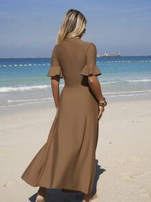 Swim Mulvari Shayni 夏季沙滩女式吊带背心纯色圆领荷叶边短袖金色装饰褶皱长裙及短裤阿拉伯风格沙滩泳装 - 咖啡棕 - 查看 2