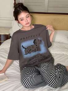 Dazy Plus 大码女式圆领狗狗字母印花短袖上衣和阔腿裤休闲家居服套装 - 灰色 - 查看 7