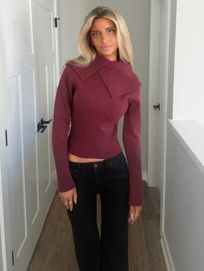 Sydney Algeri 女士酒红色高领长袖修身毛衣，秋冬季