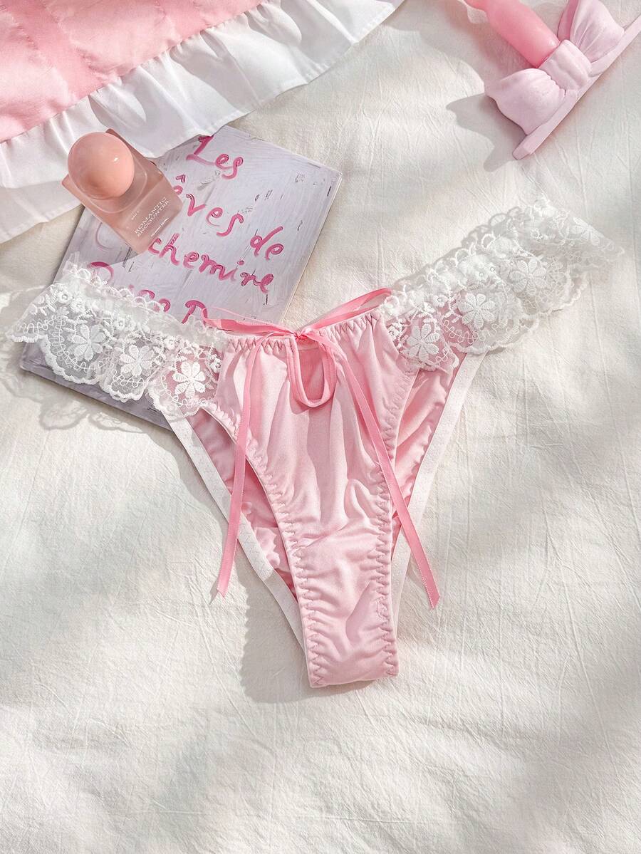 PetitDoll Quần lót nữ màu hồng xếp nếp thêu nơ, phong cách Bohemian lãng mạn ngọt ngào. - Hồng - Xem 1