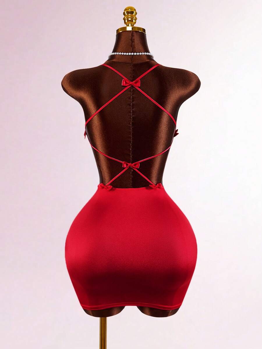 Amplova 2026 Nouvelle robe mini moulante sexy avec accent nœud dans le dos, style romantique rebelle pour femmes - Rouge - Voir 1