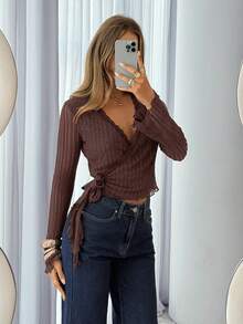 Siren Gaze Áo croptop dài tay cổ chữ V màu nâu sôcôla dành cho nữ, viền ren, thích hợp cho những buổi đi chơi thường ngày. - màu nâu - Xem 7