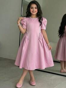 SHEIN Tween Girl Spring/Summer Elegant Beaded Pink Petal Sleeve Leg-Of-Mutton Short Sleeve Dress Tween Girl - Pink - View 5