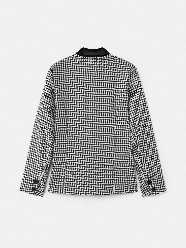 Dogtooth Check Print Double Breasted Blazer With Contrast Velvet Collar Vintage Style Chic Autumn Winter