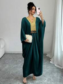 Elenzga Middle Eastern Style Loose Fit Linen Dress With Gold Collar - Dark Green - View 3