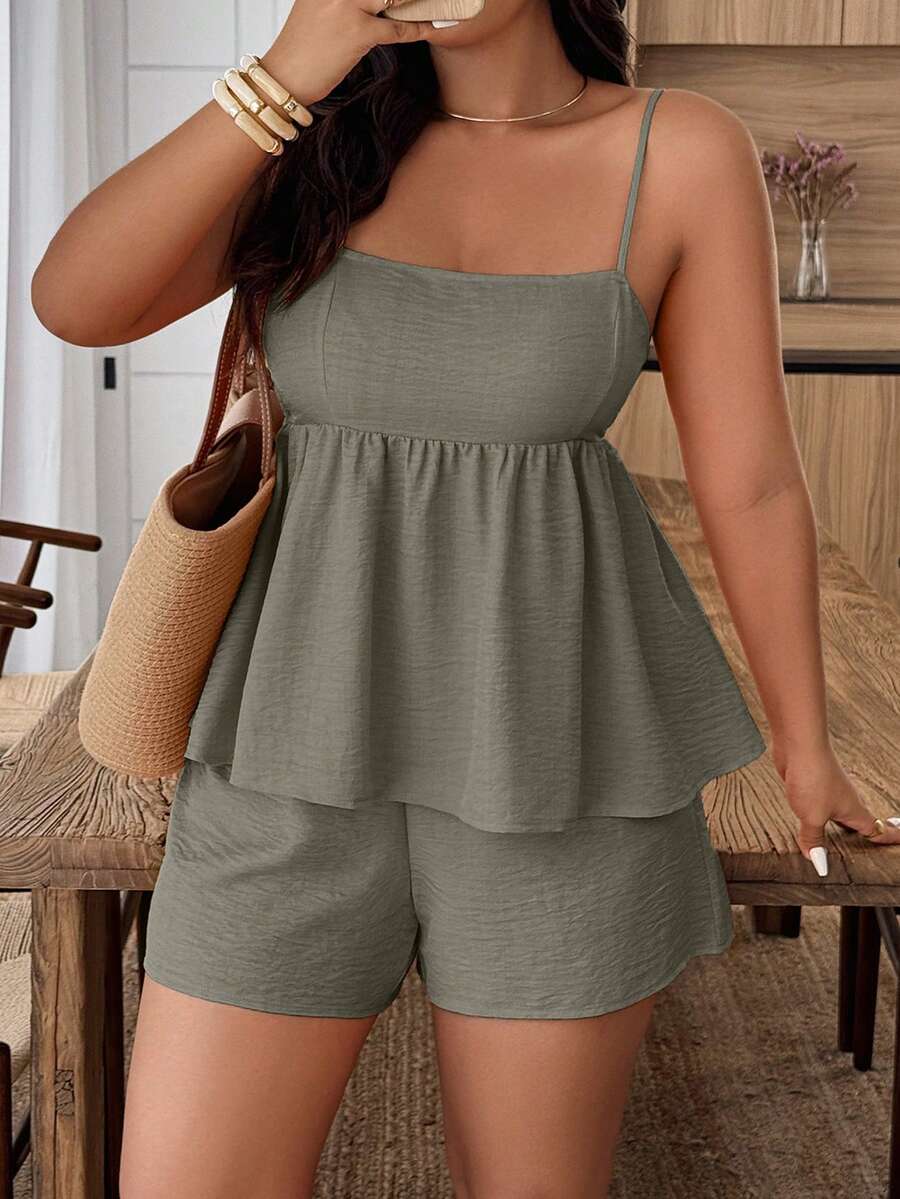 Weeklong Plus Size Solid Color Camisole And Shorts Casual 2 Pieces Set - Green - View 1