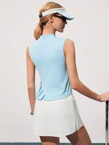 Gameset SHEIN Sport 女士纯色拼接荷叶边高尔夫Polo背心 - 藍色 - 查看 2